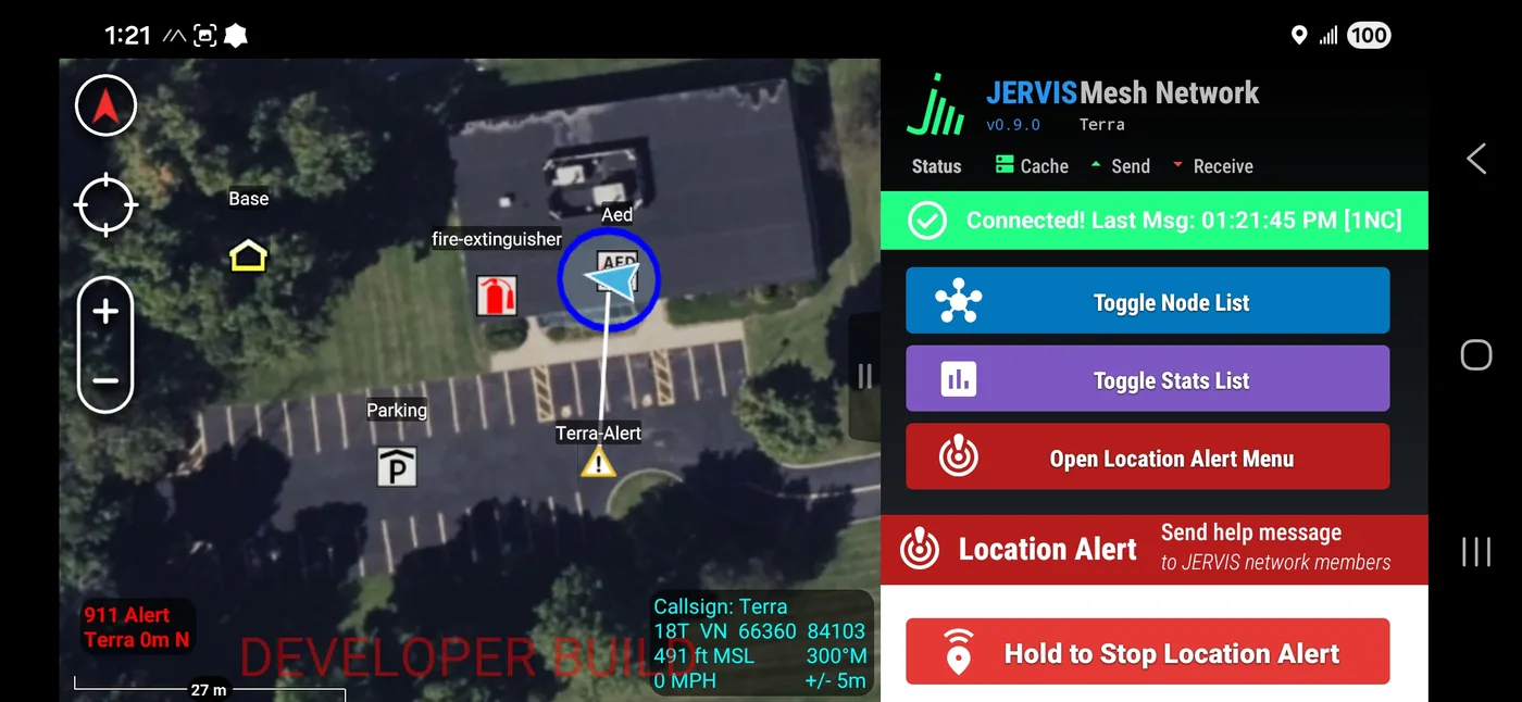 JERVIS emergency Location Alert interface showing a field worker's 911 alert and live location on the mesh network map